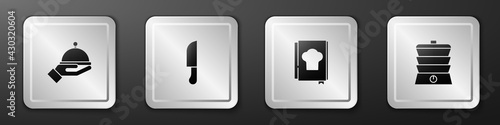 Set Covered with tray, Knife, Cookbook and Slow cooker icon. Silver square button. Vector