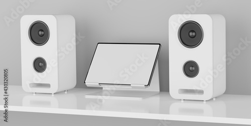 Wireless audio speakers and digital tablet with blank screen