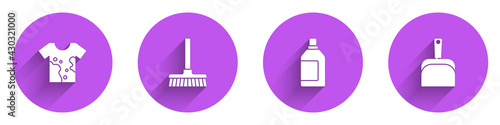 Set Dirty t-shirt, Handle broom, Bottle for cleaning agent and Dustpan icon with long shadow. Vector
