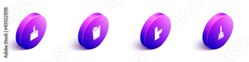Set Isometric Dustpan, Bucket with foam, Toilet bowl and Feather broom icon. Vector