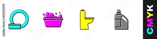 Set Washing dishes, Basin with soap suds, Toilet bowl and Bottle for cleaning agent icon. Vector
