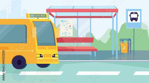 Empty bus station interior, banner in flat cartoon design. Transport stop, seats, yellow city bus. Modern public urban transportation, infrastructure concept. Vector illustration of web background