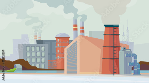 Factory building view, banner in flat cartoon design. Industrial enterprise with pipes pollutions smoke and fumes. Industry architecture, manufactory development. Vector illustration of web background