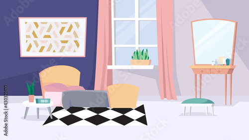 Womens room interior, banner in flat cartoon design. Female apartment inside. Bedroom with cozy bed, bedside table, window with curtains, dressing table, decor. Vector illustration of web background