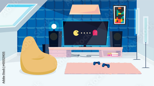 Console room interior, banner in flat cartoon design. Apartment inside with huge monitor with video game on screen, joysticks, music columns, bag chair and decor. Vector illustration of web background