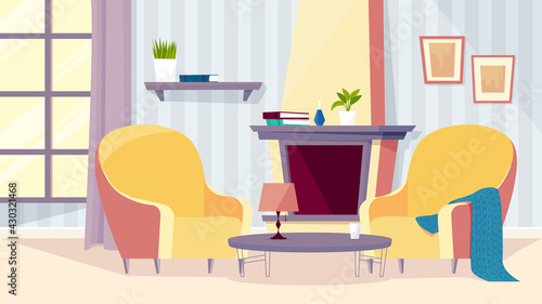 Old people room interior, banner in flat cartoon design. Living room inside with cozy armchairs, plaid, coffee table, window with curtains, fireplace and decor. Vector illustration of web background