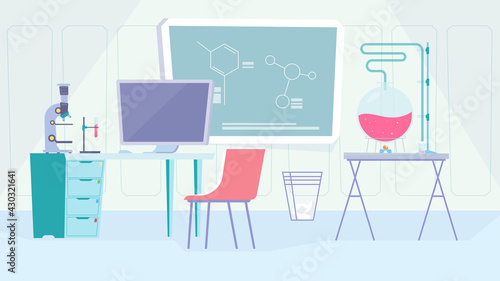 Science laboratory interior, banner in flat cartoon design. Lab equipment for experiments or research, workstation with computer, microscope, board with formulas. Vector illustration of web background