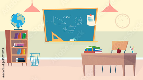 Empty school classroom interior, banner in flat cartoon design. Teacher desk with books and apple, blackboard with math formulas, bookshelf and globe. Education. Vector illustration of web background