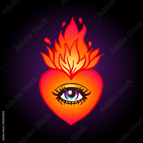 Sacred heart with eye and burning flame. Traditional Mexican heart. Hand draw...