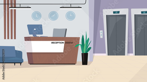Reception waiting hall interior, banner in flat cartoon design. Lobby in modern office or hotel, reception desk with computer, sofa, elevator doors and decor. Vector illustration of web background