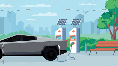 Electric refueling station view, banner in flat cartoon design. Electric car charging on station with solar panels. Urban infrastructure, transportation concept. Vector illustration of web background