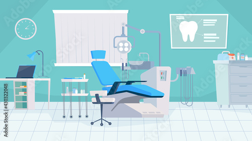 Dentist office interior, banner in flat cartoon design. Dental chair, medical equipment for stomatology treatment, workstation with computer, orthodontic tools. Vector illustration of web background