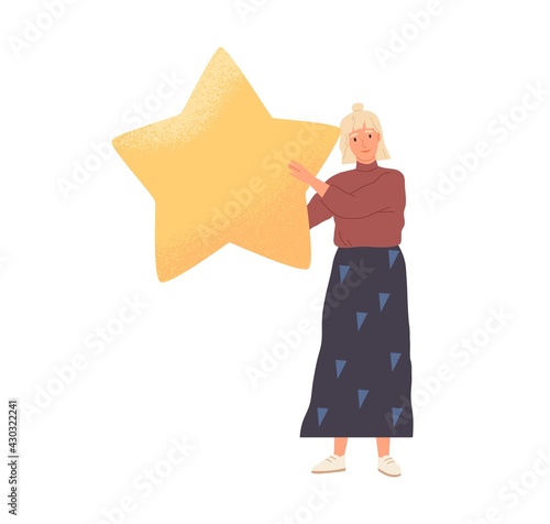 Customer with gold star in hands giving feedback and review of products and services. Satisfied client rating, voting and recommending. Colored flat vector illustration isolated on white background