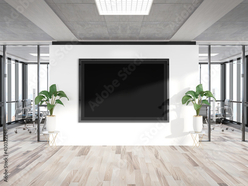 Black horizonal frame Mockup hanging on wall. Mock up of a billboard in modern wooden office interior 3D rendering