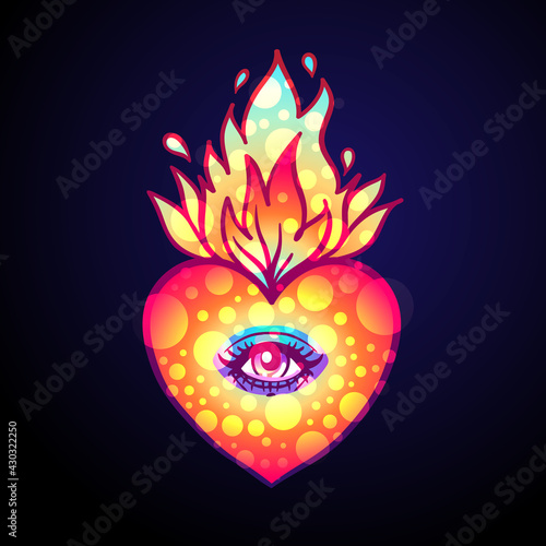 Sacred heart with eye and burning flame. Traditional Mexican heart. Hand draw...