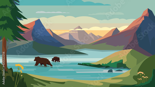 Mountains view, banner in flat cartoon design. Rock peaks, mountains lake, bears swimming in water, forest on slopes lakeside. Wildlife panoramic landscape. Vector illustration of web background