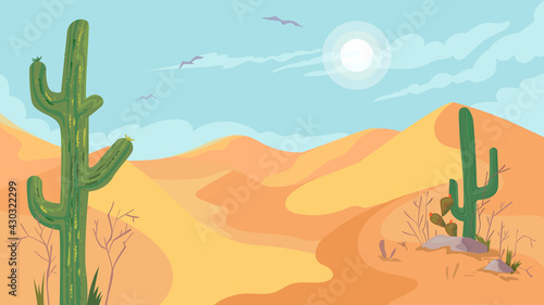 Mexico hot desert view, banner in flat cartoon design. Scenery with cacti, plants, sand dunes and stones, sun shines in sky. Wilderness panoramic landscape. Vector illustration of web background