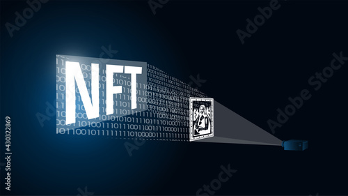 Concept of converting a work of art into a unique token. ART to NFT, non-fungible token. Painting is converted into a digital file. Innovation technology. Vector 3d