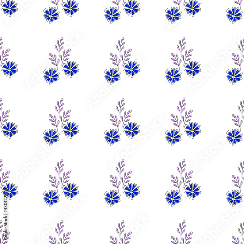 Vector seamless pattern with floral, repeating element. Pattern with a blue flower on a white background. Use in textiles, clothing, wallpaper, design, baby backgrounds, wrapping paper.