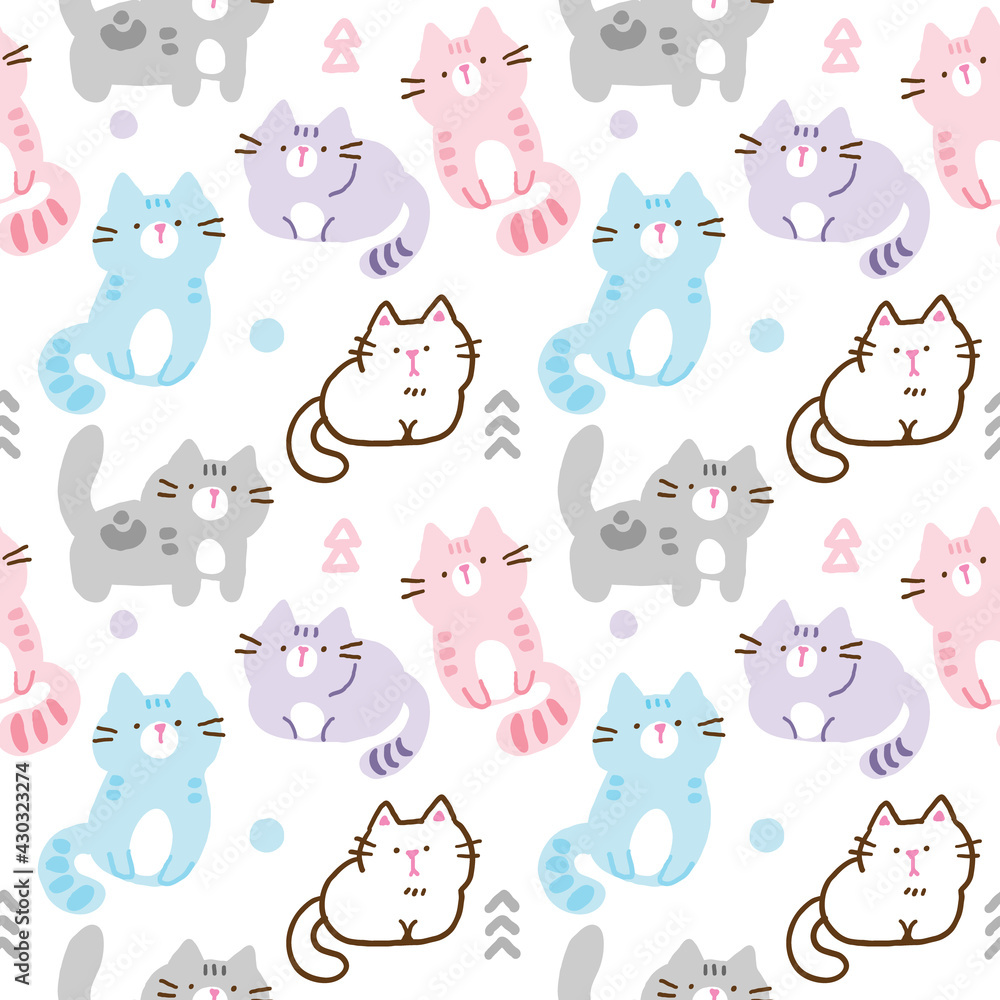 Fototapeta premium Seamless Pattern of Cartoon Cat Design on White Background