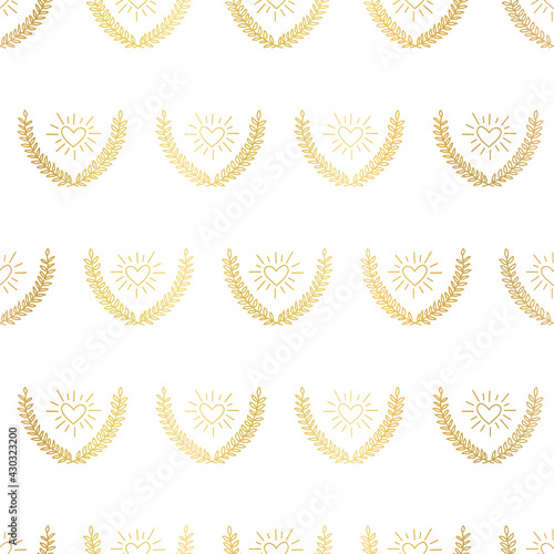 Golden hearts between laurel wreath seamless vector pattern. Repeating background metallic gold foil doodle hearts floral branches. Surface pattern design for fabric  wrapping  Valentines.