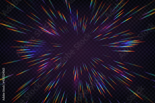 Rainbow halo rays isolated on dark transparent background. Holographic lens flare reflections. Vector realistic illustration of prism radial refraction sunbeams