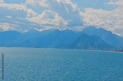 blue sky with clouds with mountains with sea 