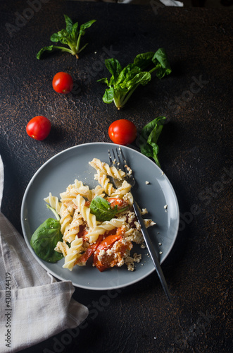 Viral recipe pasta with Feta baked and tomatoes, garlic and herbs photo