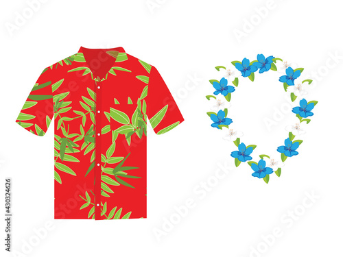 Vector illustration Hawaiian aloha shirt with flower wreath, necklace. Hawaii shirt aloha beach male cloth.