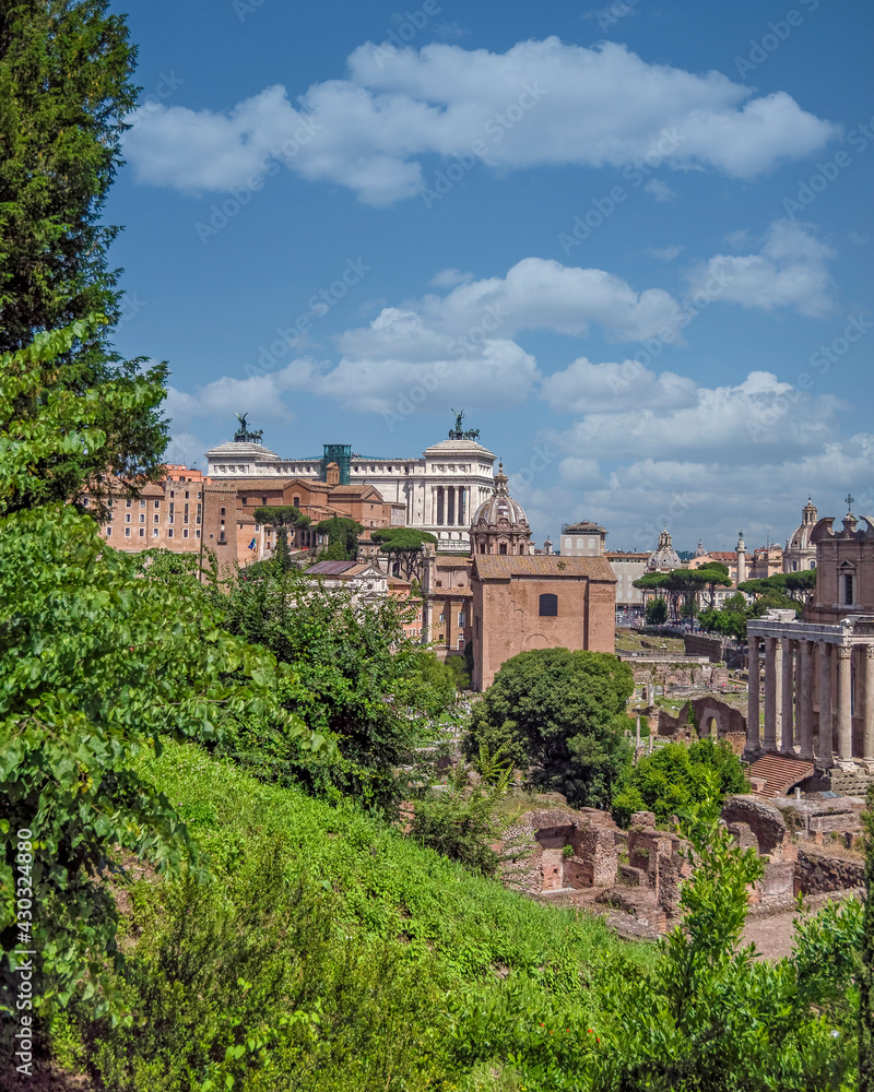 Rome Italy, picturesque view of the Roman forum from the Palatinate green hill