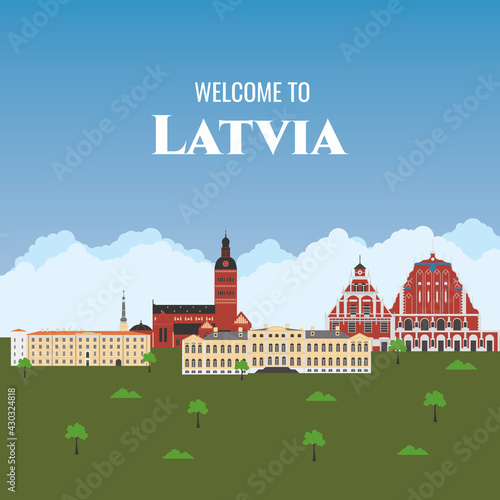 Latvia country design template with famous building landmarks. Flat cartoon style historic sight showplace web vector illustration. World vacation travel Europe European collection.