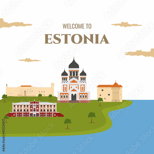 Estonia country magnet design template with landmark building. Flat cartoon style historic sight showplace web site vector illustration. World vacation travel Europe European collection