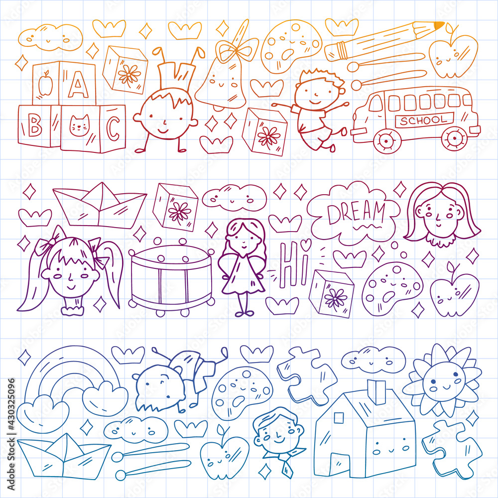 Fototapeta premium School, preschool, education. Creativity and imagination. Little children online education, e-learning.