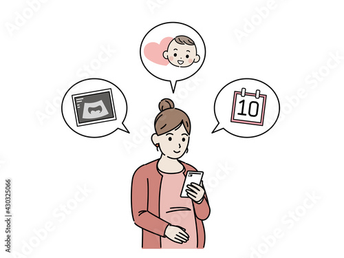 出産予定日の確認をする妊婦　エコー検査　妊娠週数　イラスト素材
