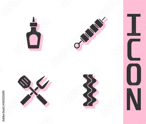 Set Bacon stripe, Sauce bottle, Crossed fork and spatula and Grilled shish kebab icon. Vector