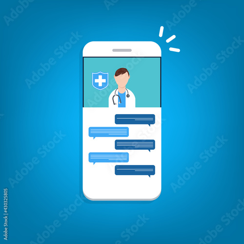 Telemedicine, smart phone chat with doctor on screen.