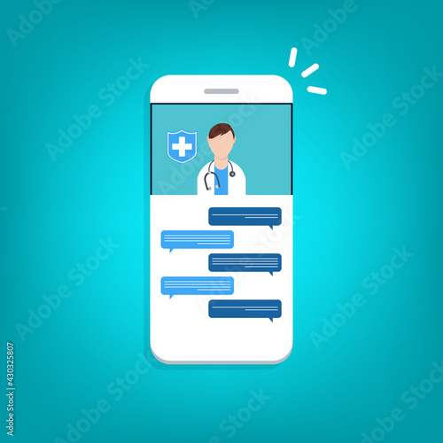 Telemedicine, smart phone chat with doctor on screen.