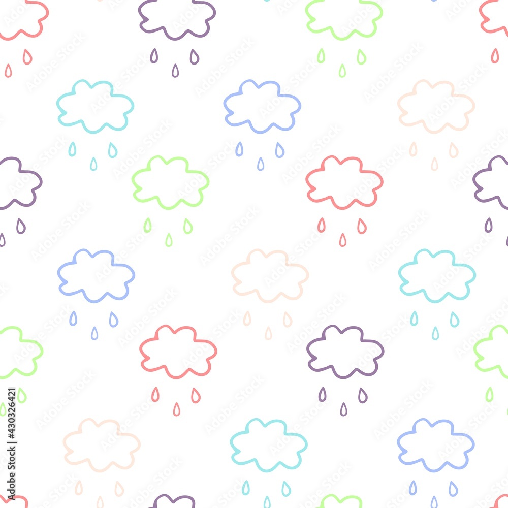 Seamless pattern with colorful clouds and raindrops. Vector illustration in pastel shades