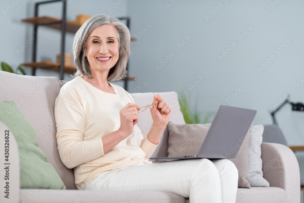 Profile side view portrait of attractive smart cheerful woman sitting on divan using laptop at home house indoor Profile side view portrait of attractive smart cheerful woman sitting on divan using laptop at home house indoor