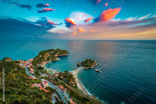 Wide angle view of Isola Bella in Taormina, Sicily  from above at sunset  © VanSky