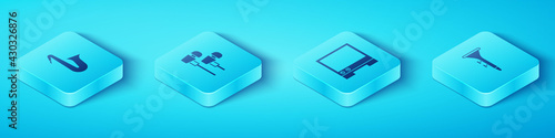 Set Isometric Musical instrument saxophone, Air headphones, Drum and drum sticks and Voice assistant icon. Vector