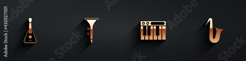 Set Guitar, Drum and drum sticks, Music synthesizer and Musical instrument saxophone icon with long shadow. Vector