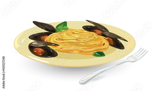 Cartoon of pasta with parmesan cheese and clams, italian cuisine. Vector hot meal in yellow plate, spaghetti served with seafood product. Concept of dinner in cafe, gourmet isolated on white