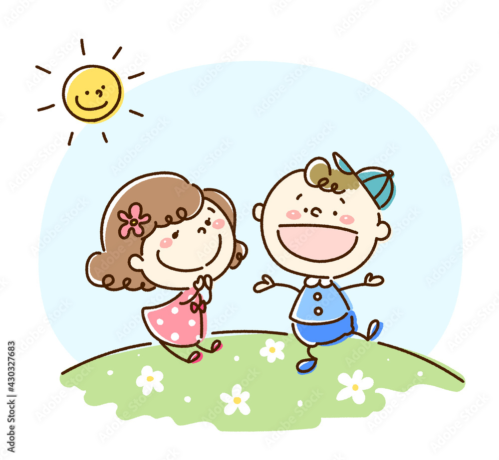 手描き風ゆるかわイラスト 外ではしゃぐ子供たちと太陽 Stock Vector Adobe Stock