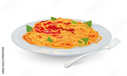 Cartoon of spaghetti with tomato and spicy arrabbiata sauce and basil on plate. Vector delicious italian dish for dinner in restaurant. Concept of pasta, european cuisine, eating isolated on white