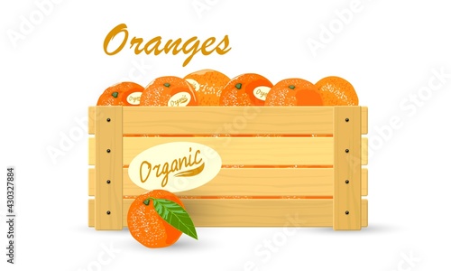 Cartoon wooden box full with ripe oranges, eco farm harvest. Vector healthy eating, juicy fruit, vegan, tropical snack. Concept of exotic food, summer harvest, diet, vegetarianism isolated on white