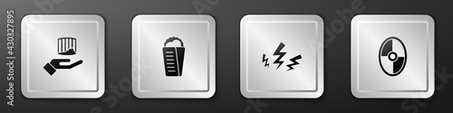 Set Ancient column, Gyros Pita Greek, Zeus and shield icon. Silver square button. Vector