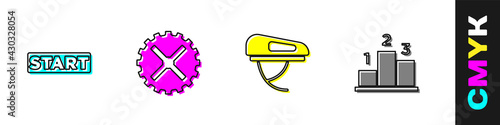 Set Ribbon in finishing line, Bicycle sprocket crank, helmet and Award over sports winner podium icon. Vector