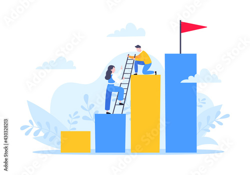 Business mentor helps to improve career and holding stairs steps vector illustration. Mentorship, upskills, climb help and self development strategy flat style design business concept.