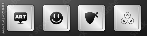 Set Speech bubble with text art, Smile face, Vandal and Paint spray can icon. Silver square button. Vector